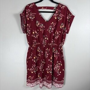 Pink Rose Women's Large Maroon Floral V Neck‎ Short Sleeve Pullover Skirt Romper